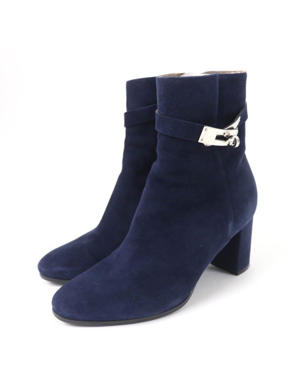 Hermes Saint Germain Silver Kelly Buckle Suede Leather Short Boots Navy